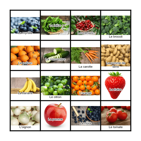 Fruits et légumes Bingo Card