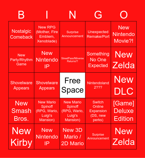 Nintendo Direct Bingo Card