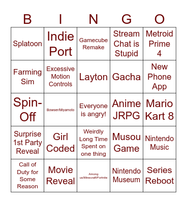 nintendo direct Bingo Card