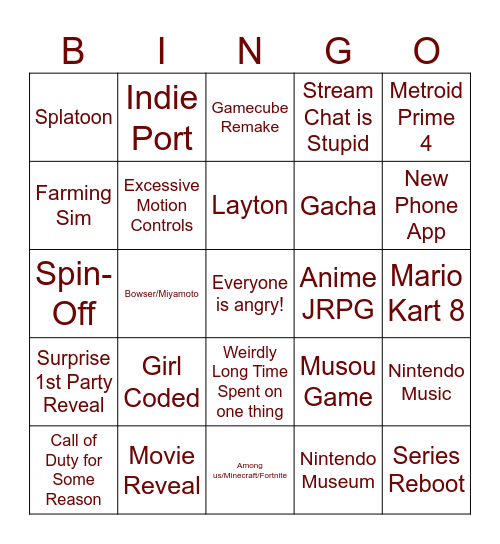 nintendo direct Bingo Card