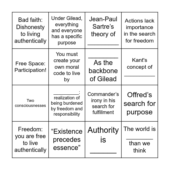 THT Existentialism Bingo Card
