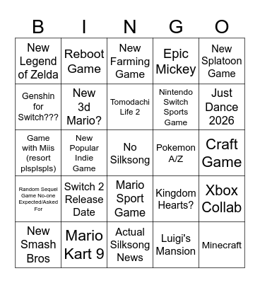 Nintendo Direct Bingo Card
