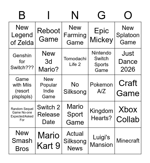 Nintendo Direct Bingo Card