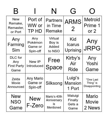 Nintendo Direct Bingo Card