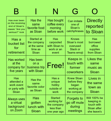Farewell Sloan Bingo Card