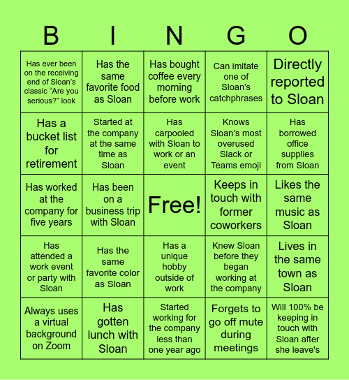 Farewell Sloan Bingo Card