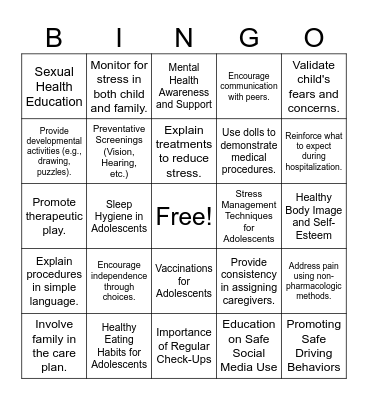 Pediatric Nursing Interventions Bingo Card