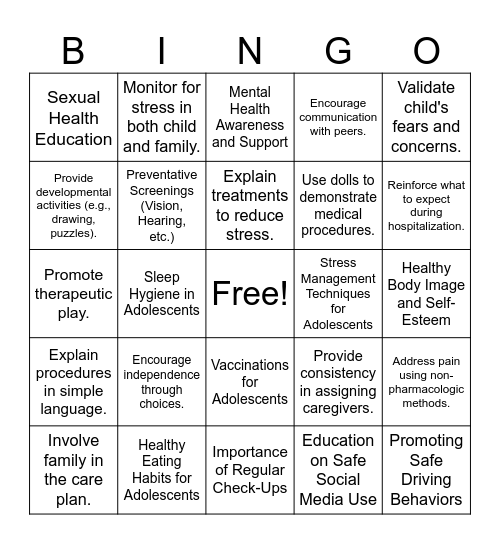 Pediatric Nursing Interventions Bingo Card