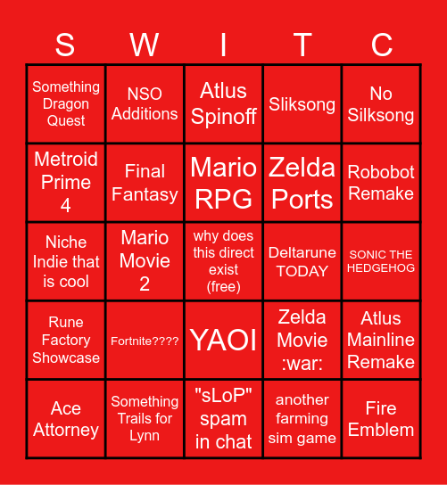 Last Switch Direct Bingo Card