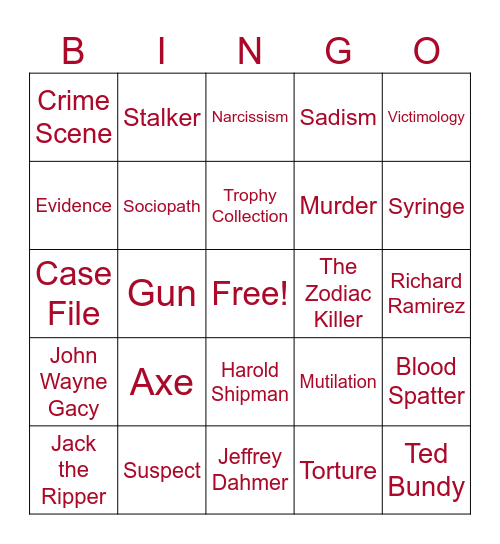 Serial Killer Bingo Card