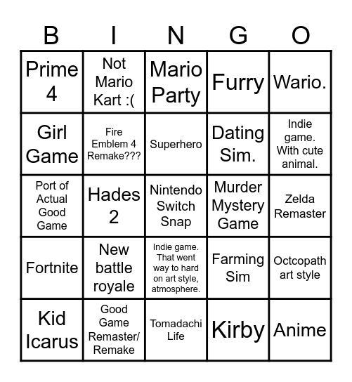 Nintendo Direct Bingo Card