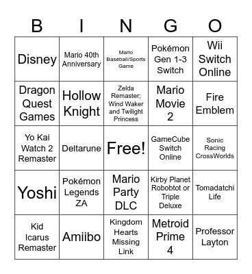 Nintendo Direct Bingo Card