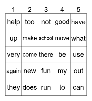 Sight Word Bingo Card