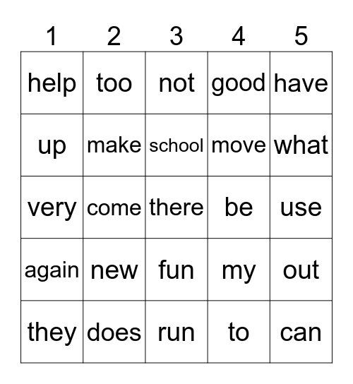 Sight Word Bingo Card