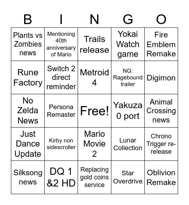 Matt Nintendo Direct March 2025 Bingo Card