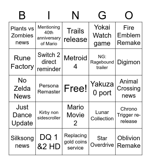 Matt Nintendo Direct March 2025 Bingo Card