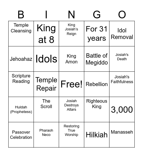 King Josiah Bingo Card