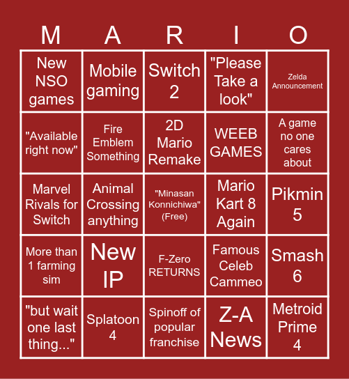 SURPRISE Nintendo Direct BINGO Card