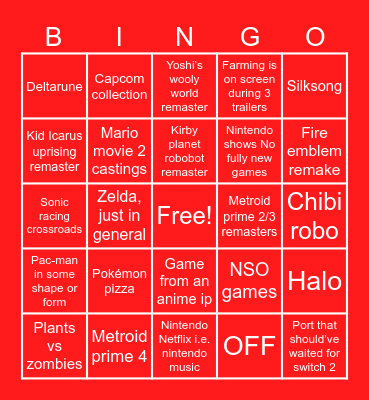 NINTENDO DIRECT Bingo Card