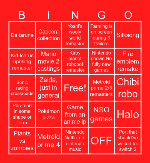 NINTENDO DIRECT Bingo Card