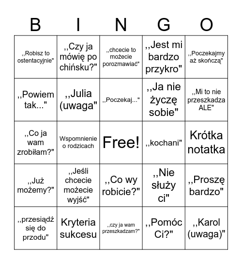 Snop siada,, Bingo Card