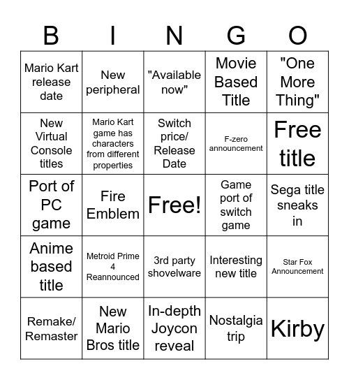 Nintend Switch 2 Bingo card Bingo Card