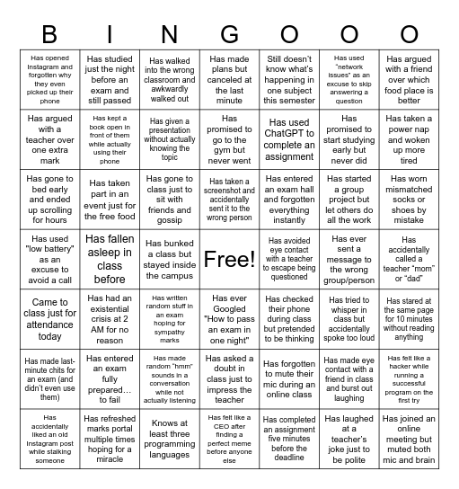 Oops! That’s Me Bingo Card