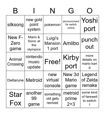 March 27th Nintendo Direct Bingo Card