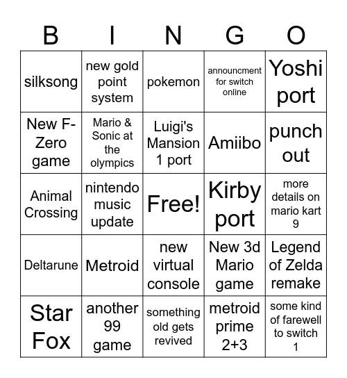March 27th Nintendo Direct Bingo Card