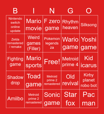 Nintendo Direct Bingo Card