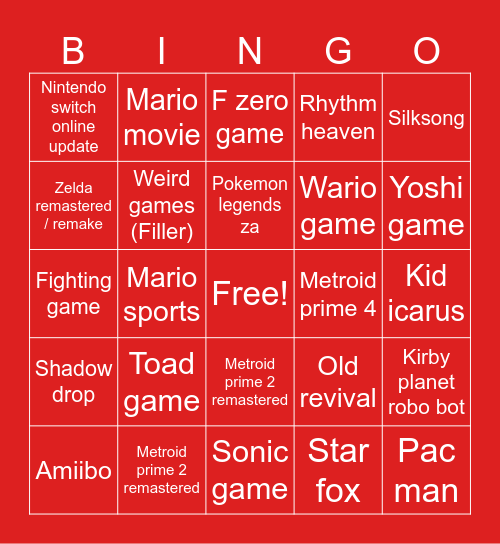 Nintendo Direct Bingo Card