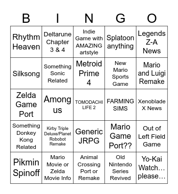 03/27/25 Nintendo Direct Bingo Card