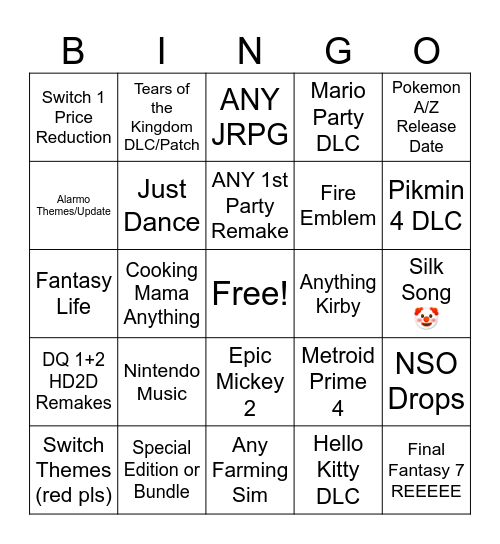 Last Nintendo Direct Bingo Card