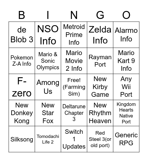 Nintendo Direct - March 27, 2025 Bingo Card