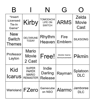 3/27 Nintendo Direct Bingo Card