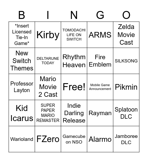 3/27 Nintendo Direct Bingo Card