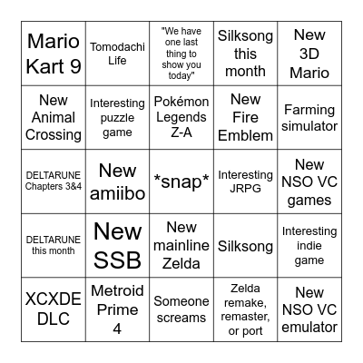 Nintendo Direct 3.27.2025 Bingo Card