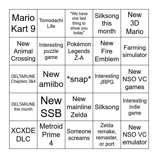 Nintendo Direct 3.27.2025 Bingo Card