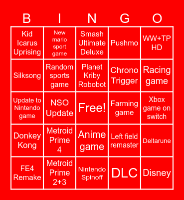 Nintendo Direct Bingo Card