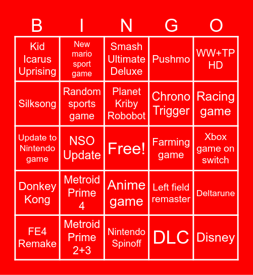 Nintendo Direct Bingo Card