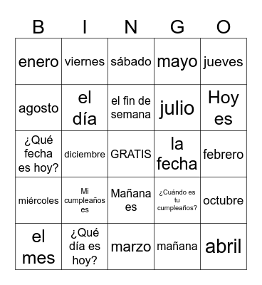 days/months Bingo Card