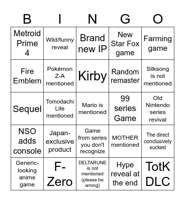 Nintendo Direct Bingo Card