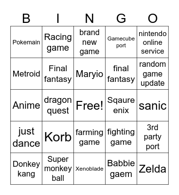 Nintendo Direct 2025 Bingo Card