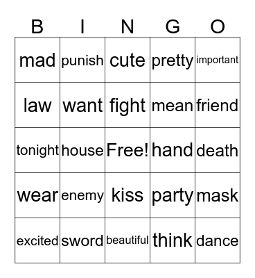 Romeo and Juliet Chapter 1 Bingo Card