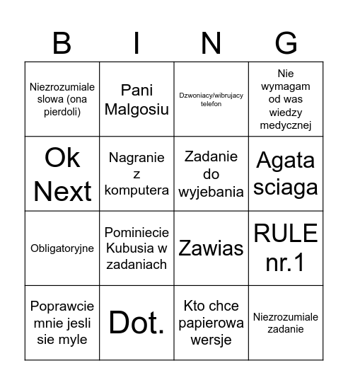 Angielski Bingo Card