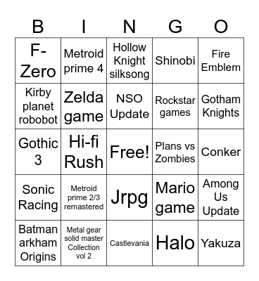 Nintendo Direct Bingo Card