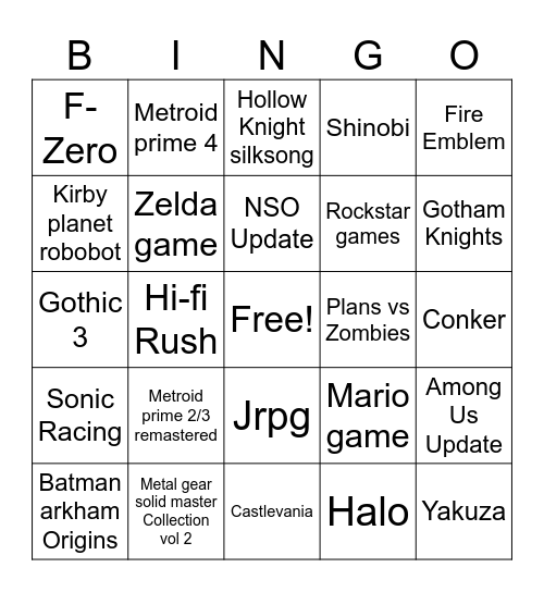 Nintendo Direct Bingo Card