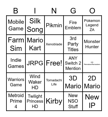 March 27 Nintendo Direct Bingo Card
