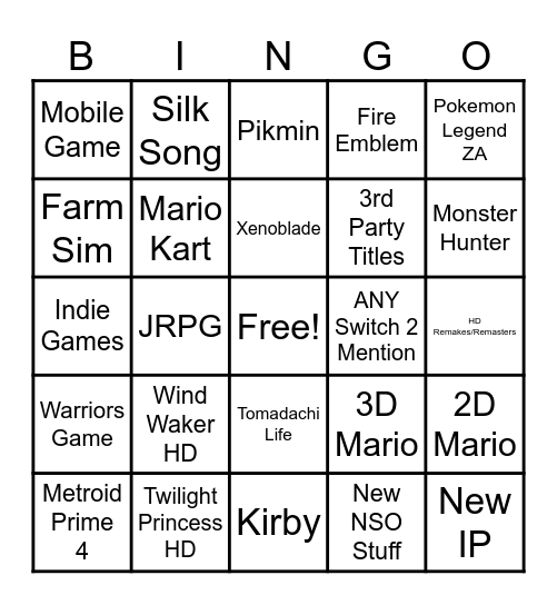 March 27 Nintendo Direct Bingo Card