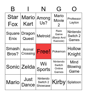 Nintendo Direct Bingo Card